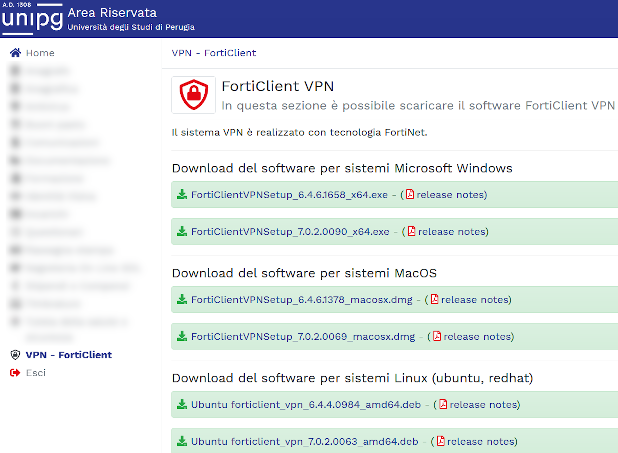 Eseguibili Forticlient disponibili in Area Riservata.