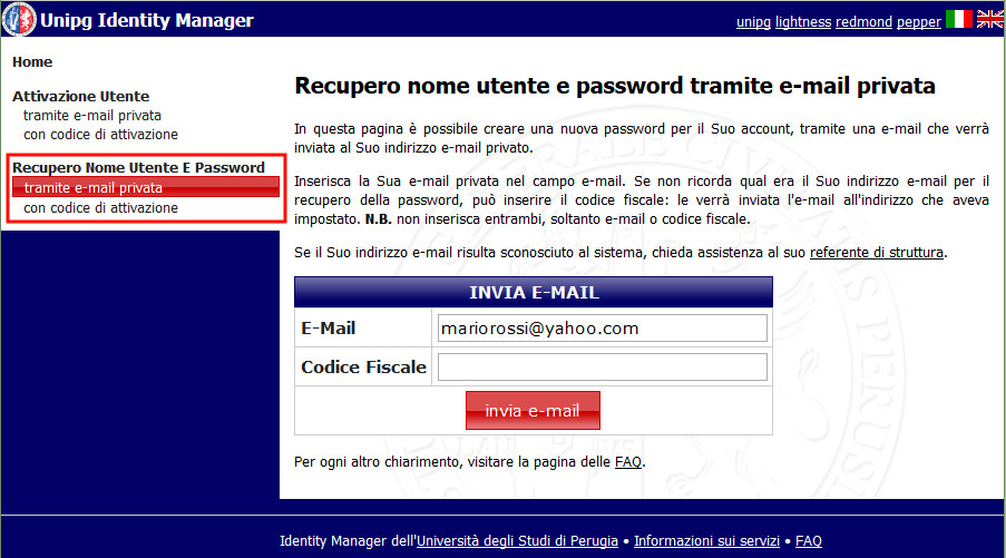 Recupero password via e-mail privata