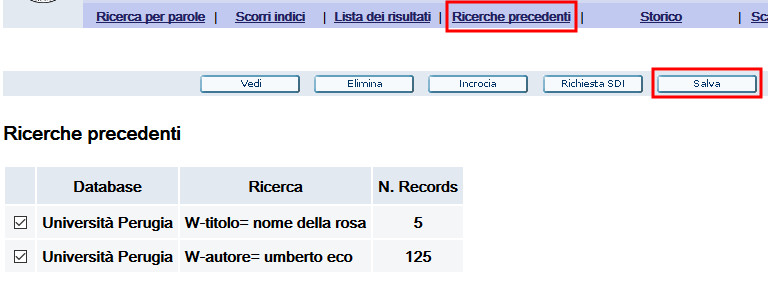 La pagina Ricerche precedenti