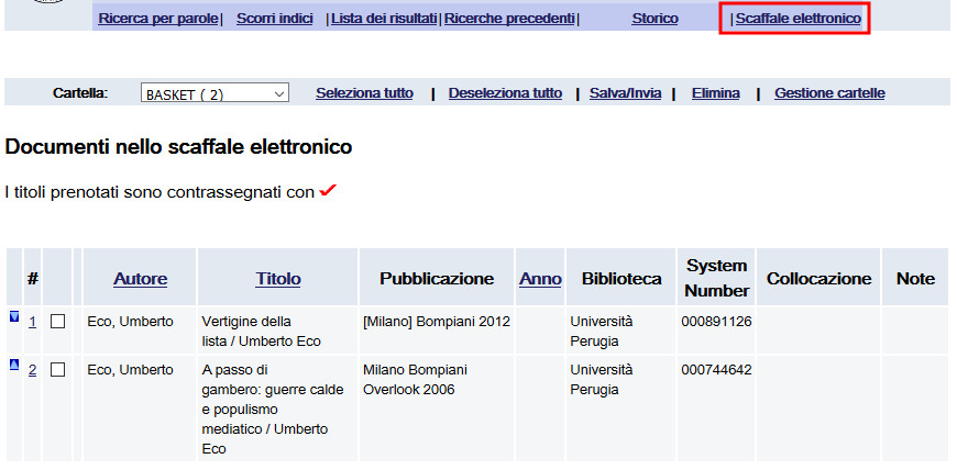 La pagina Scaffale elettronico